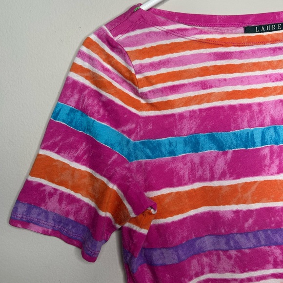 Lauren Ralph Lauren Colorful Pink Cotton Short Sleeve Multicolor Striped Shirt M - Picture 5 of 10